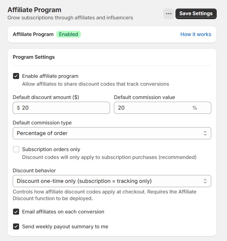 Affiliate program dashboard